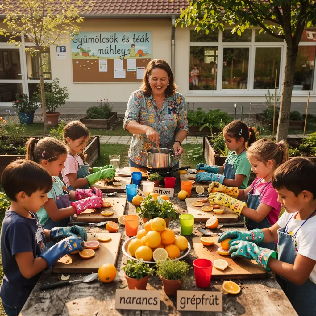 Citrusfélékkel díszített teáscsésze, amely frissítő ízeket ígér.