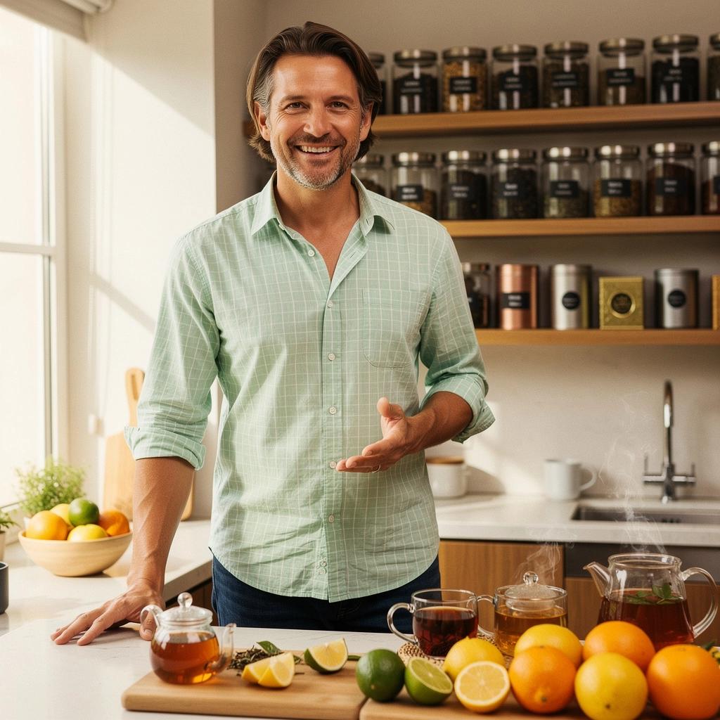 Friss citromszeletek egy teáscsészében, mellette gőzölgő tea.